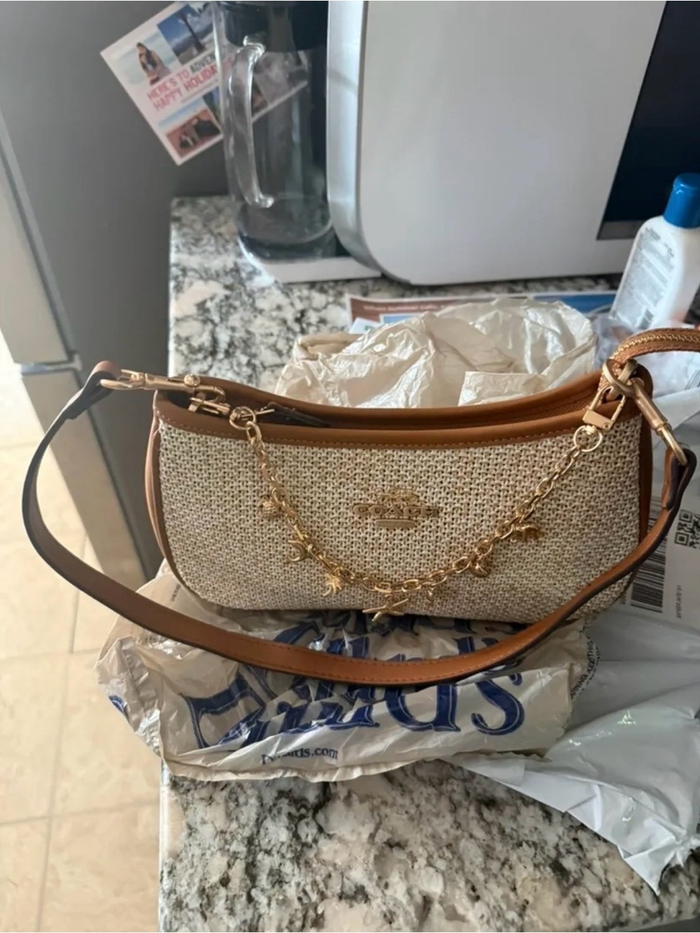 Coach Beige Straw Shoulder Bag with Tan Leather Trim and Gold Chain